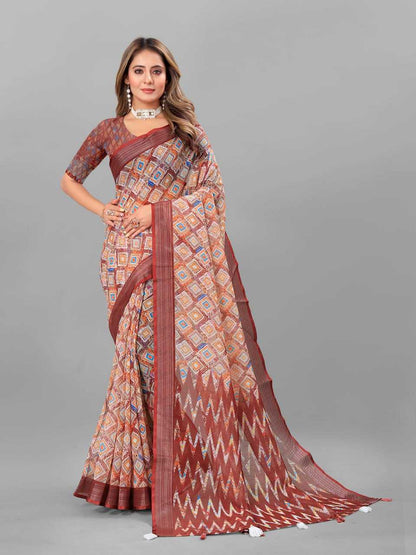 Cotton Srrt Linen Cotton3 Sarees  Printed Ladies Cotton Linen Sarees