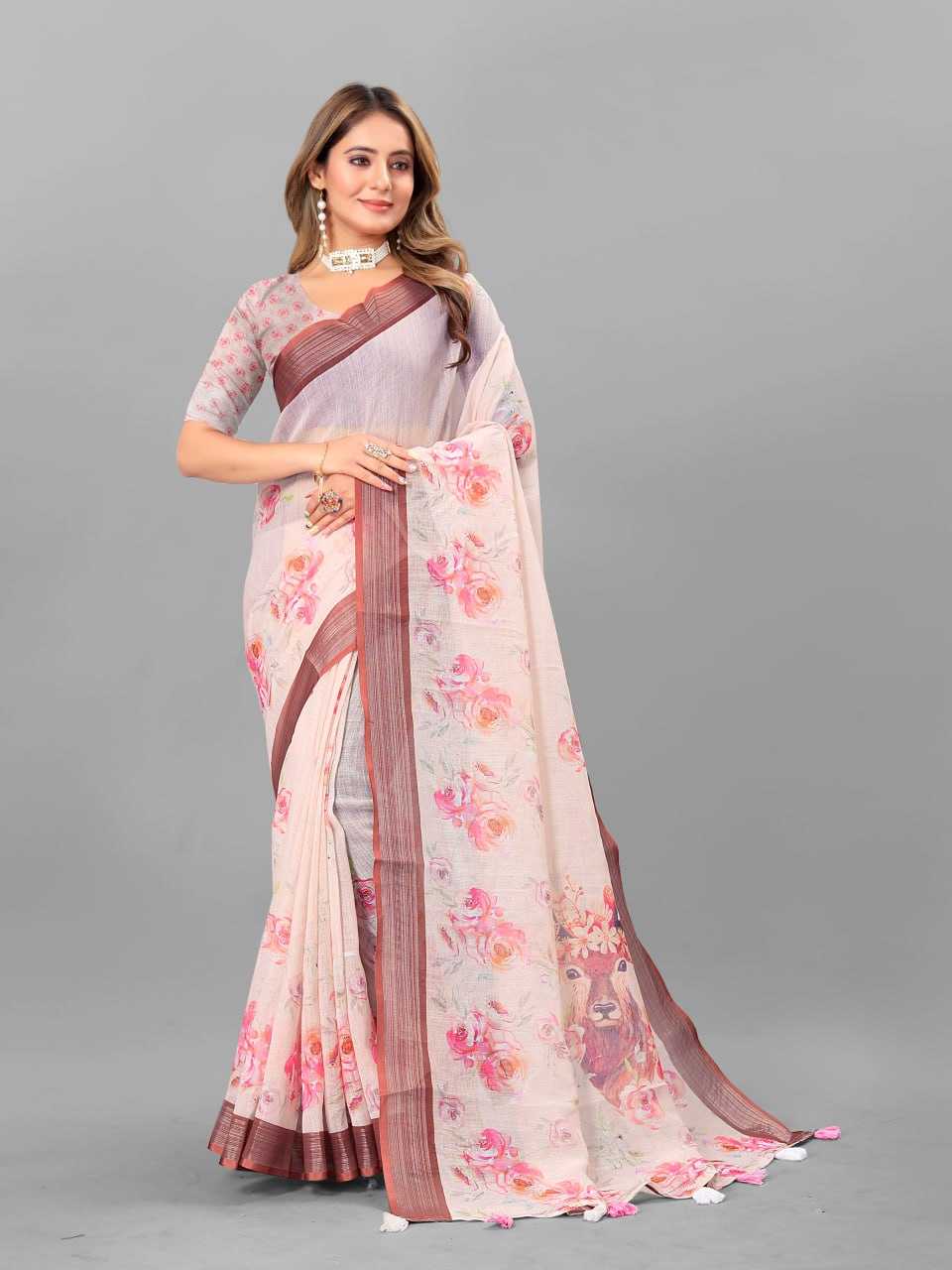 Cotton Srrt Linen Cotton3 Sarees  Printed Ladies Cotton Linen Sarees