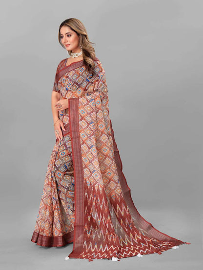 Cotton Srrt Linen Cotton3 Sarees  Printed Ladies Cotton Linen Sarees