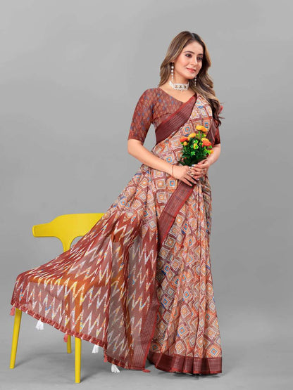 Cotton Srrt Linen Cotton3 Sarees  Printed Ladies Cotton Linen Sarees