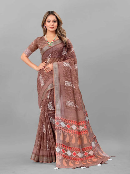 Cotton Srrt Linen Cotton4 Sarees  Printed Ladies Cotton Linen Sarees