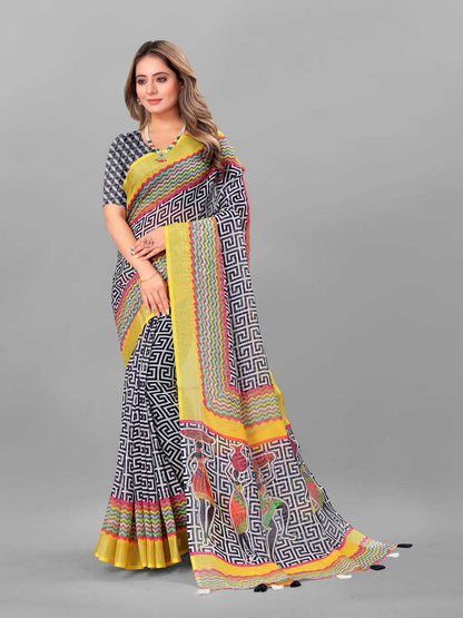 Cotton Srrt Linen Cotton4 Sarees  Printed Ladies Cotton Linen Sarees