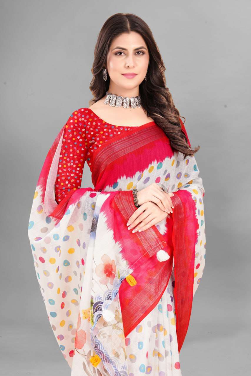 Cotton Srrt Linen Cotton5 Sarees  Printed Ladies Cotton Linen Sarees