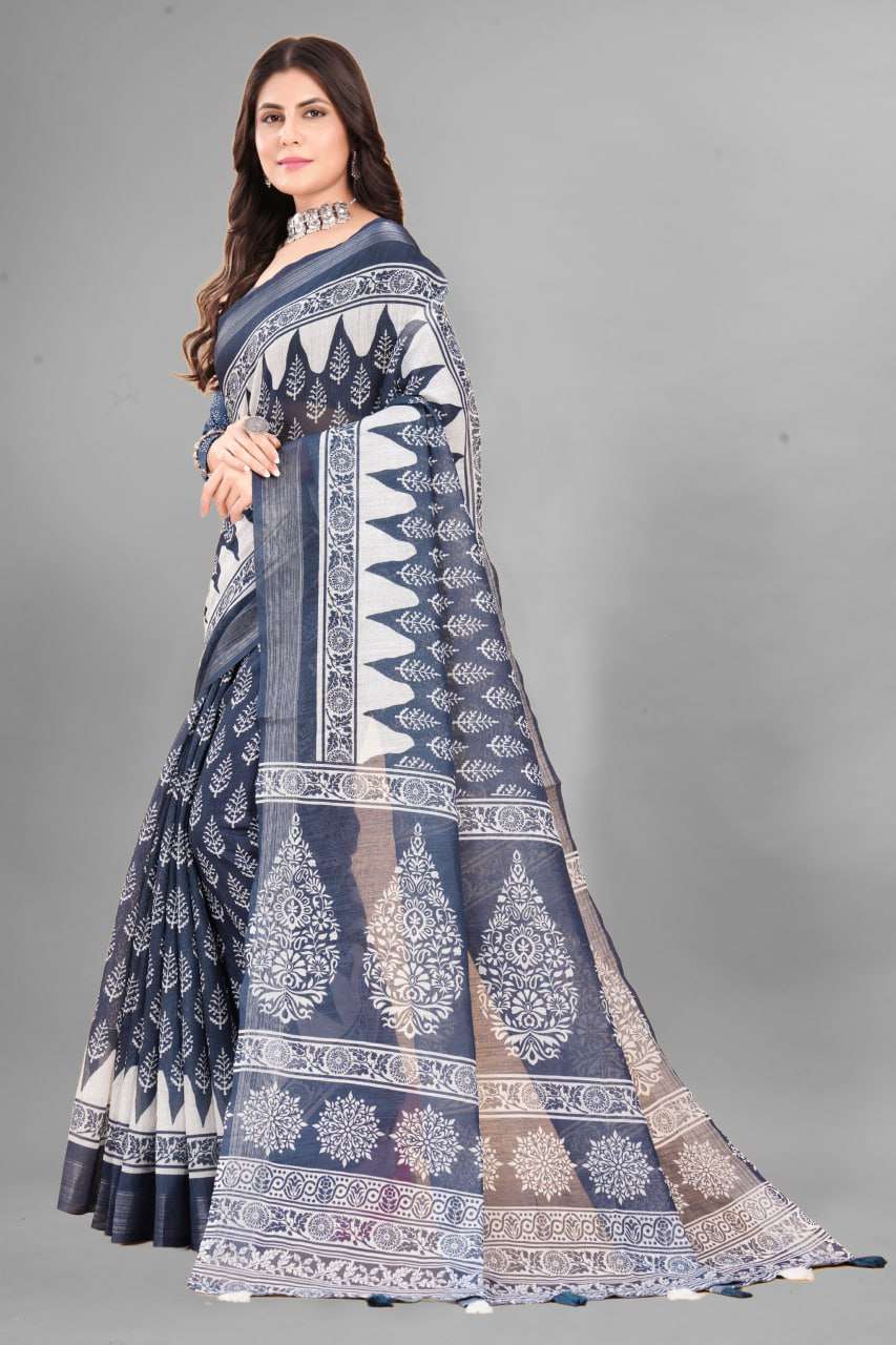 Cotton Srrt Linen Cotton6 Sarees  Printed Ladies Cotton Linen Sarees