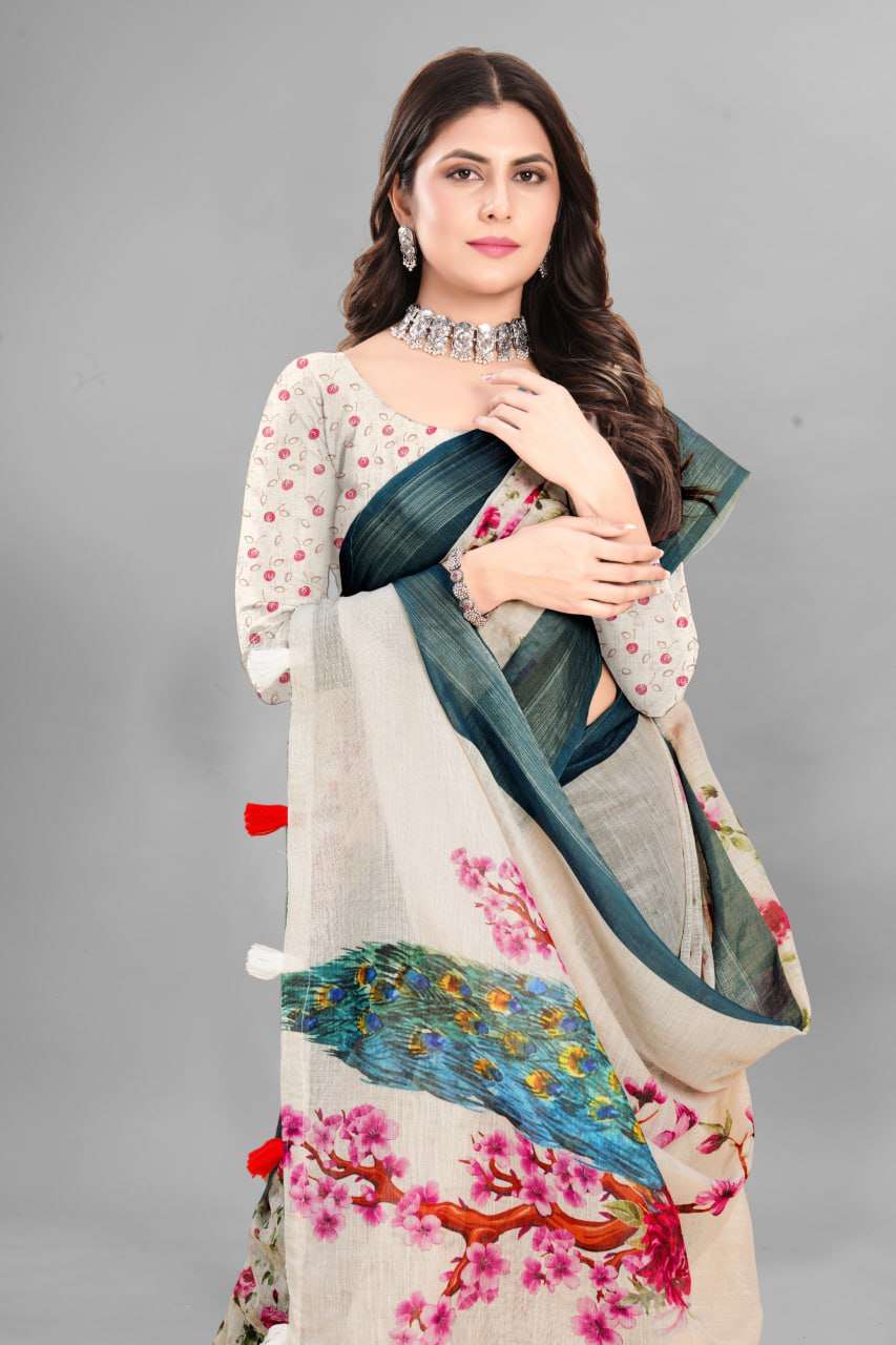 Cotton Srrt Linen Cotton6 Sarees  Printed Ladies Cotton Linen Sarees