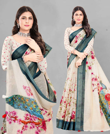 Cotton Srrt Linen Cotton6 Sarees  Printed Ladies Cotton Linen Sarees