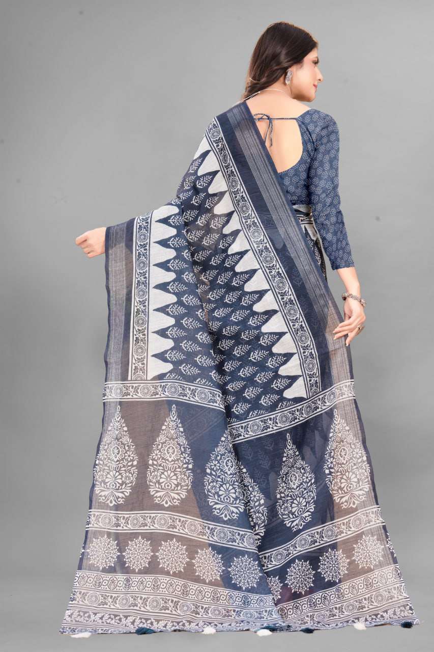 Cotton Srrt Linen Cotton6 Sarees  Printed Ladies Cotton Linen Sarees