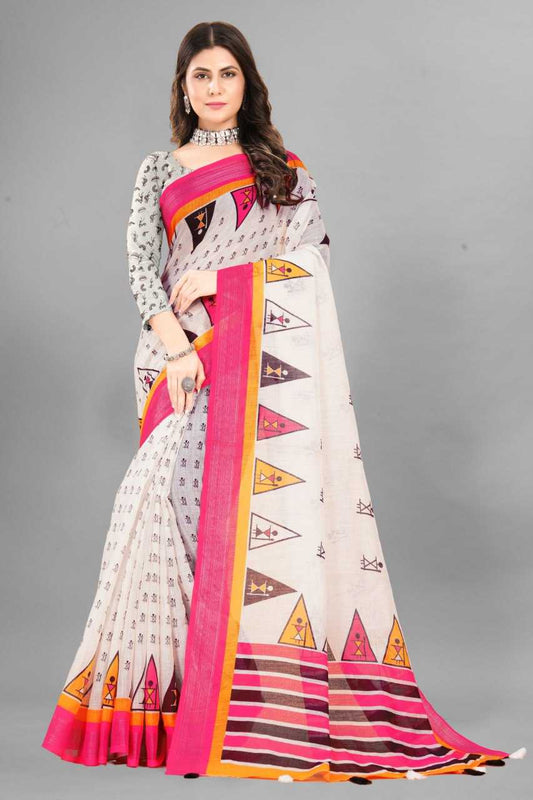 Cotton Srrt Linen Cotton7 Sarees  Printed Ladies Cotton Linen Sarees