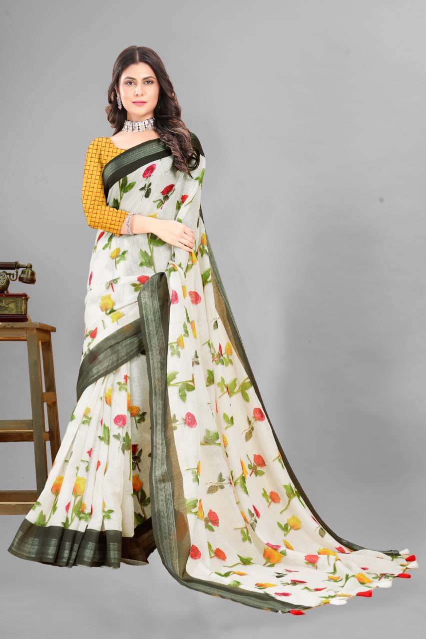 Cotton Srrt Linen Cotton8 Sarees  Printed Ladies Cotton Linen Sarees