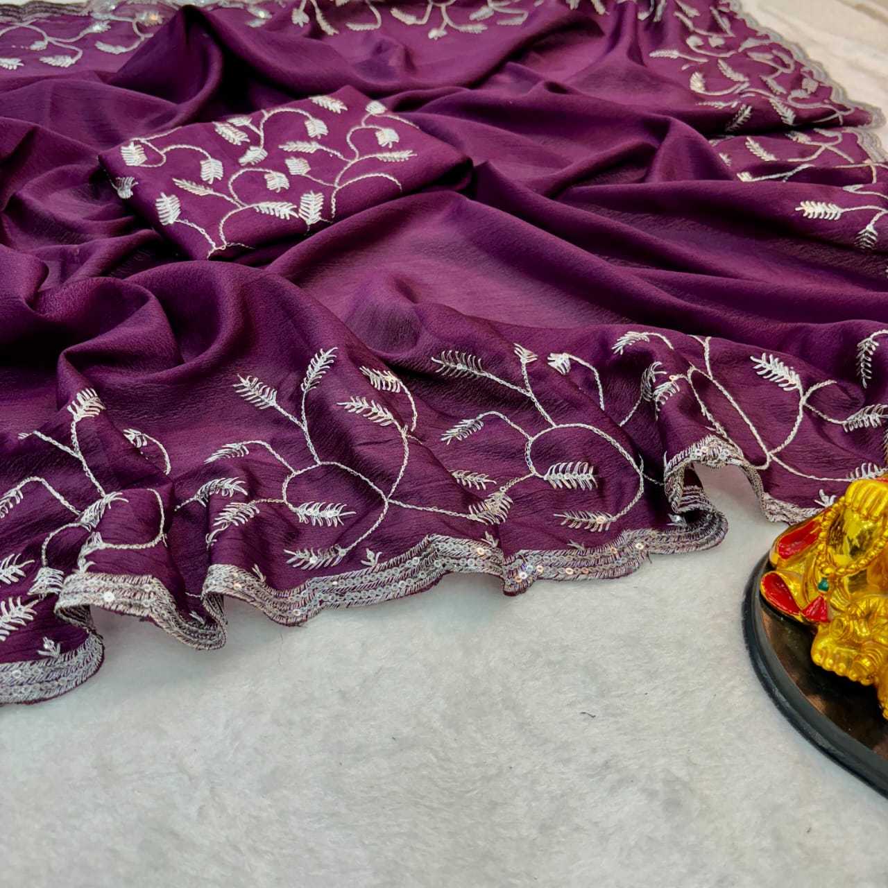 Crepe Silk Rub Chinnonsarees Sarees  Fancy Sequence Embroidery Sarees