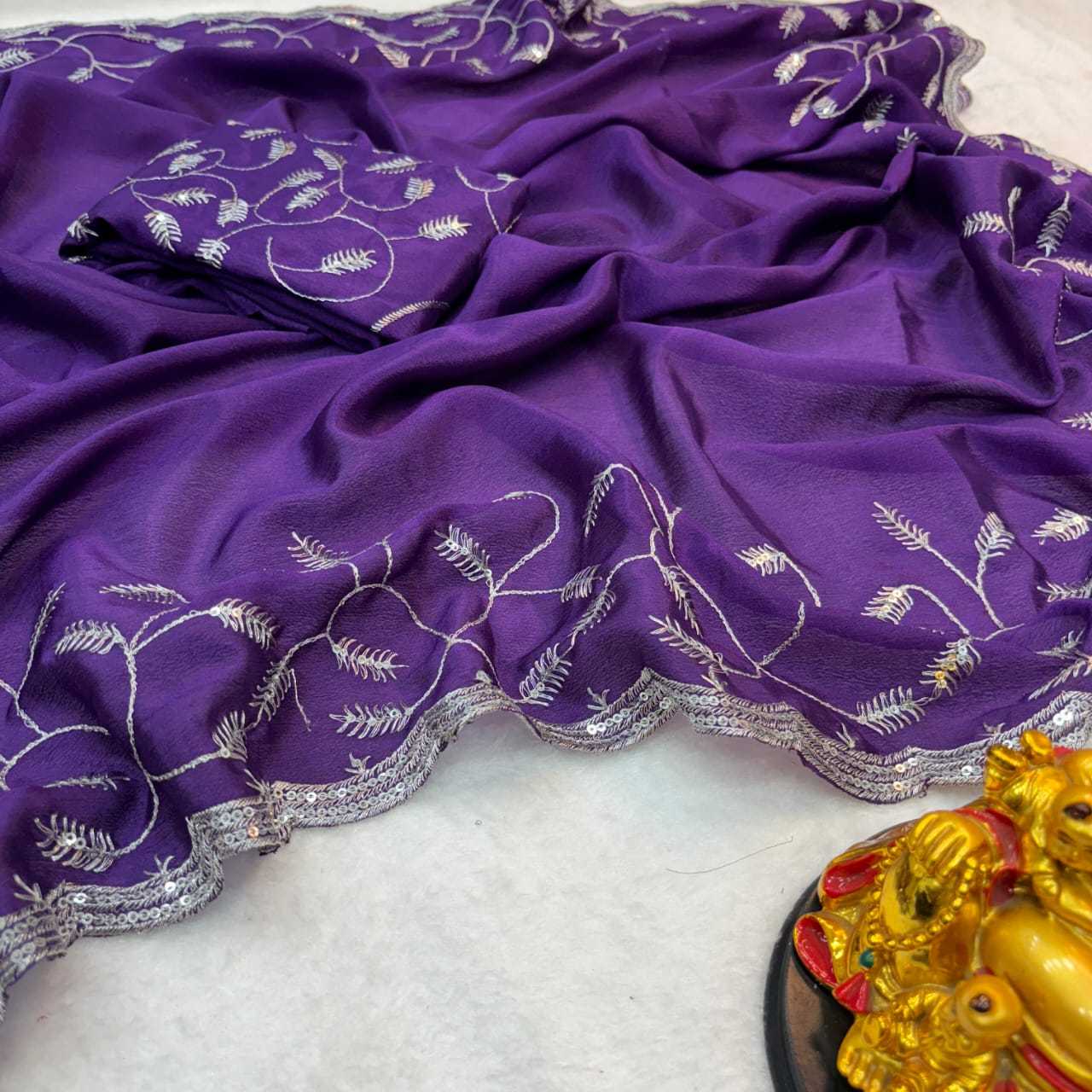 Crepe Silk Rub Chinnonsarees Sarees  Fancy Sequence Embroidery Sarees