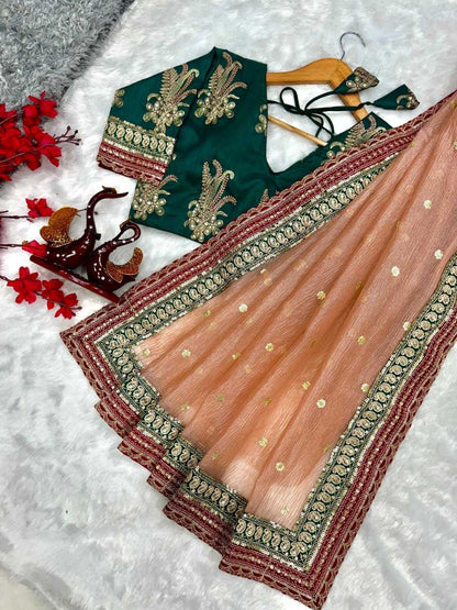 Cruch Silk Rin151 5372 Sarees  Sequence Embroidered Lace Border Party Wear Sarees