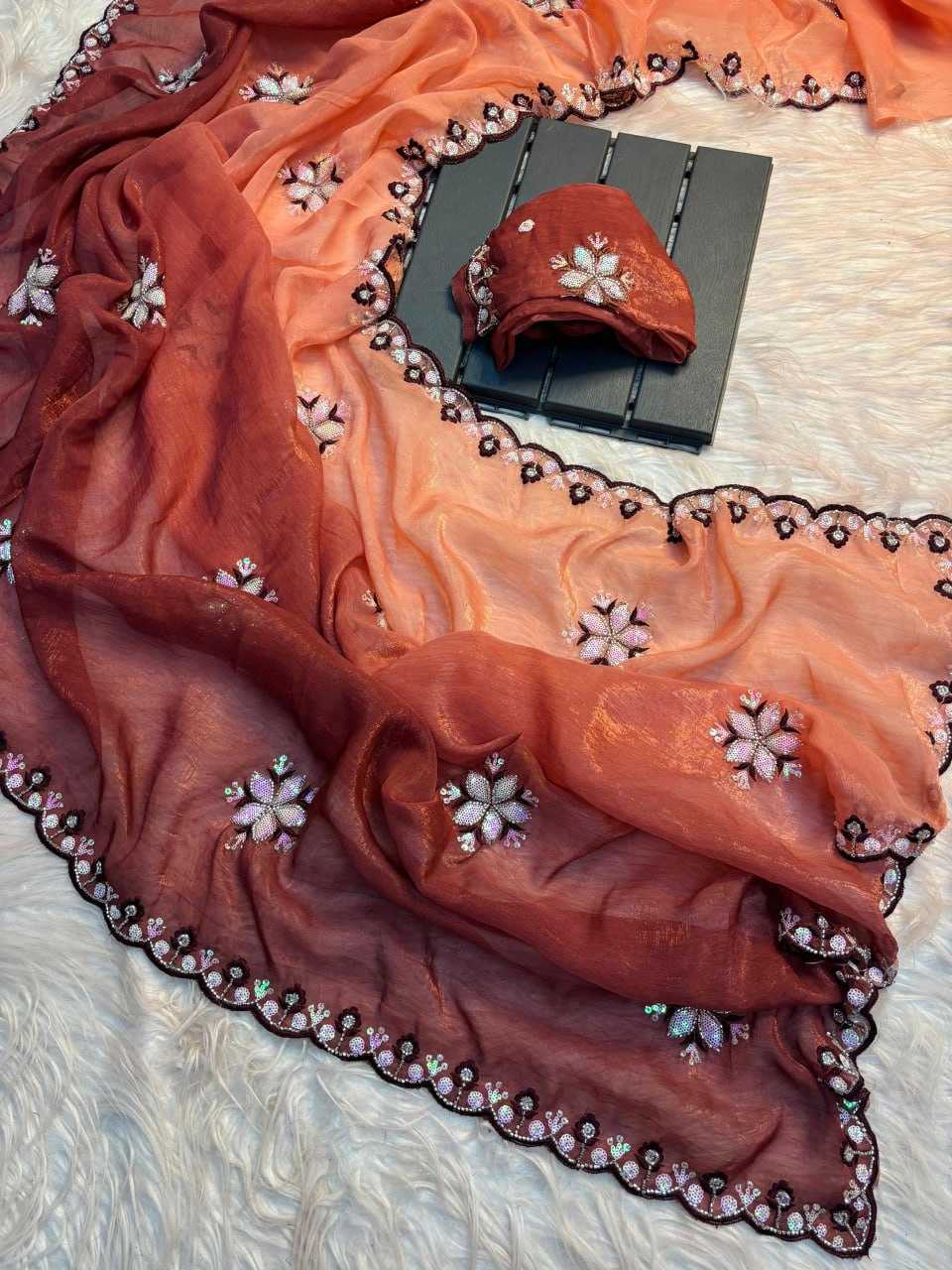 Crunchi Rin104 Ape73 Sarees  Fancy Sequence Half Anf Half Hand Work Cutwork Sarees