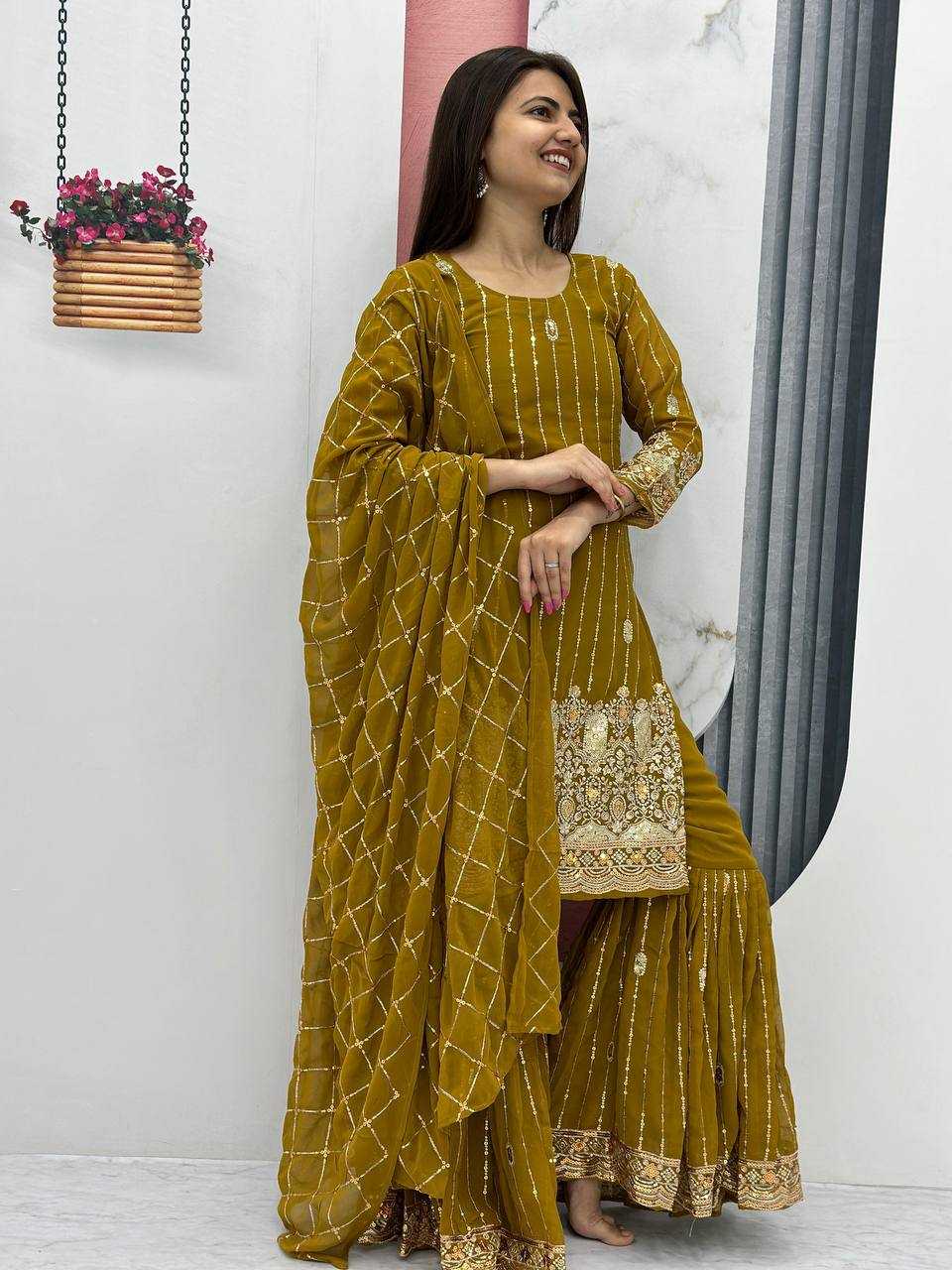 Faux Georgette Kesh119 017B Suits & Dresses  Sharara Salwar Embroidery Georgette Ladies Party Wear Suits