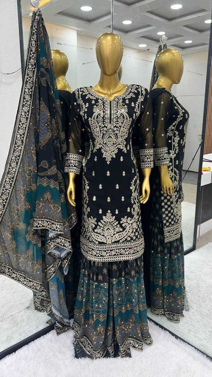 Faux Georgette Kesh122 471 Suits & Dresses Islamic Clothing  Sharara Salwar Pakistani Embroidery Georgette Suits