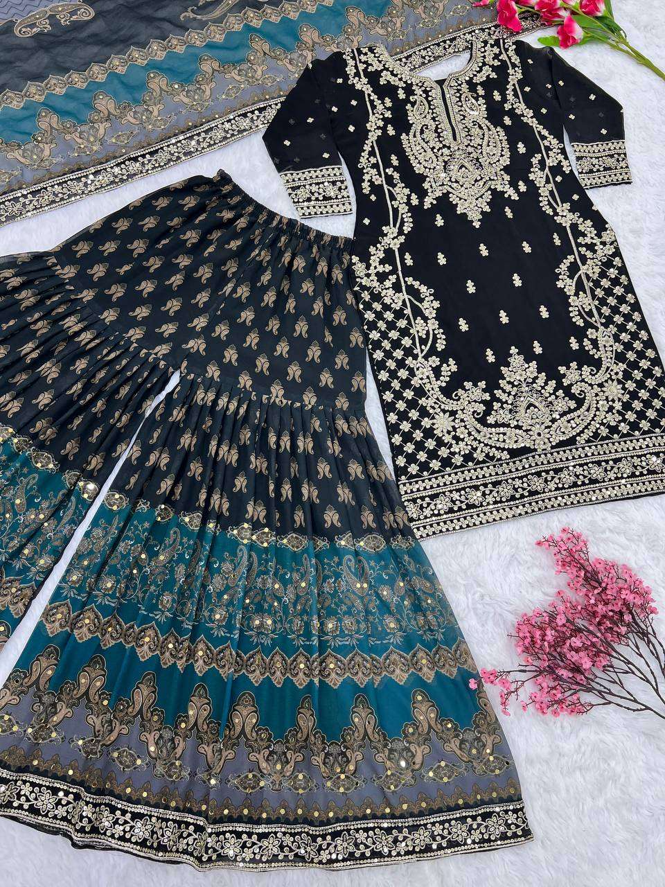 Faux Georgette Kesh122 471 Suits & Dresses Islamic Clothing  Sharara Salwar Pakistani Embroidery Georgette Suits