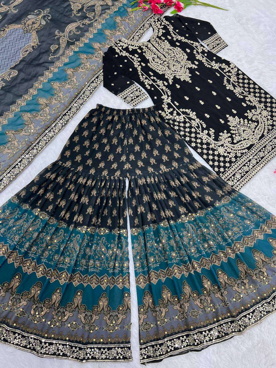 Faux Georgette Kesh122 471 Suits & Dresses Islamic Clothing  Sharara Salwar Pakistani Embroidery Georgette Suits