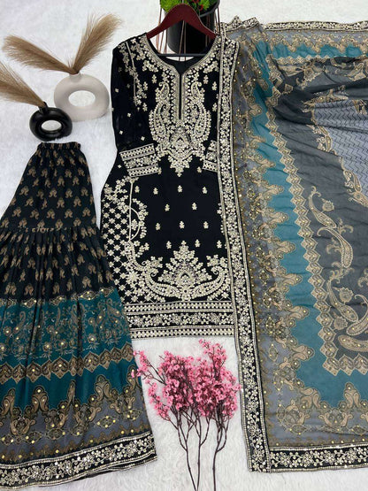 Faux Georgette Kesh122 471 Suits & Dresses Islamic Clothing  Sharara Salwar Pakistani Embroidery Georgette Suits