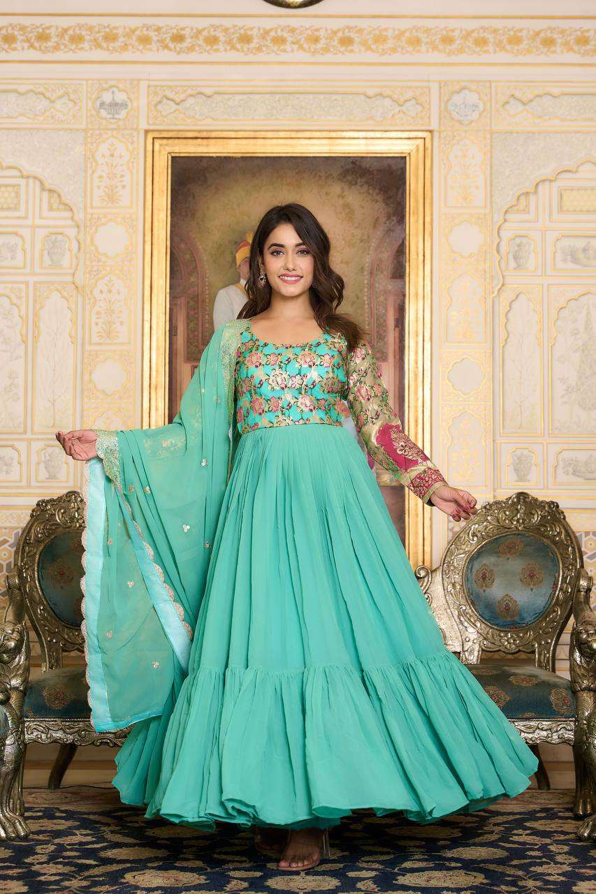 Faux Georgette Kesh127 052 Gowns  Embroidered Anarkali Long Georgette Gowns