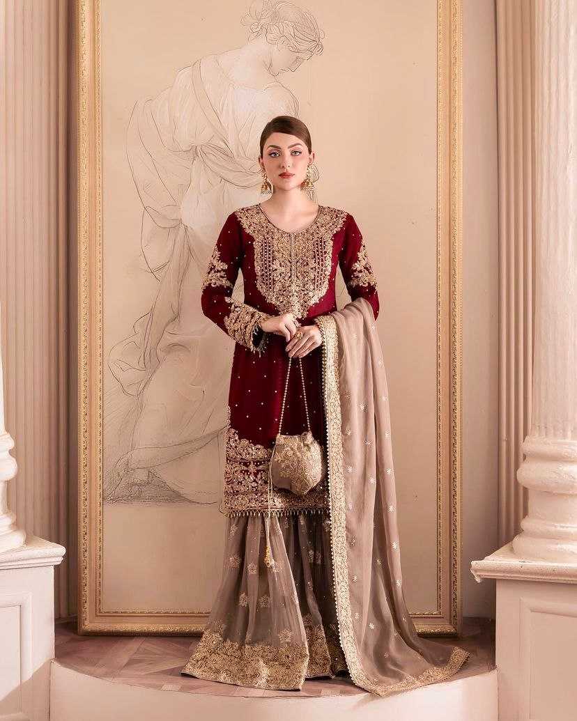 Faux Georgette Kesh158 9284 Suits & Dresses Islamic Clothing  Pakistani Embroidery Palazzo Georgette Wedding Suits