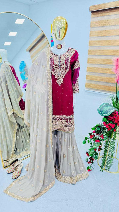 Faux Georgette Kesh158 9284 Suits & Dresses Islamic Clothing  Pakistani Embroidery Palazzo Georgette Wedding Suits