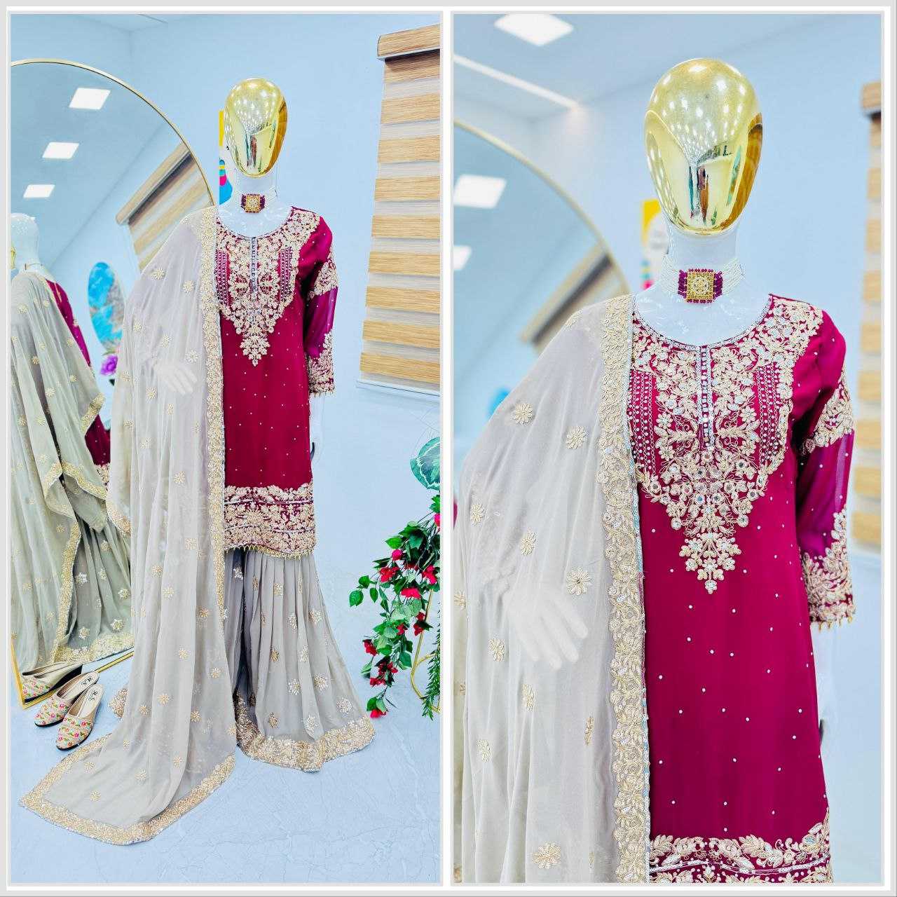 Faux Georgette Kesh158 9284 Suits & Dresses Islamic Clothing  Pakistani Embroidery Palazzo Georgette Wedding Suits