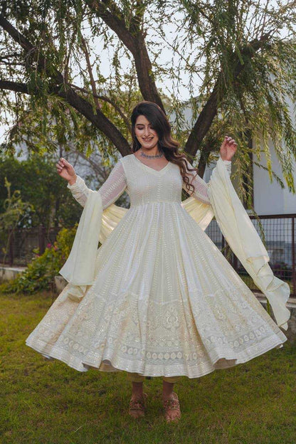 Faux Georgette Kesh164 43 Gowns  Anarkali Georgette Embroidery White Gowns