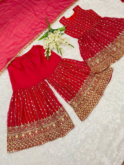 Faux Georgette Kesh164 G52 Suits & Dresses  Embroidery Red Salwar Georgette Sharara Salwar Suits Manufacture