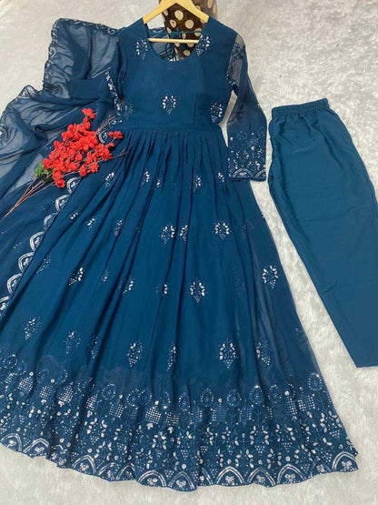 Faux Georgette Kesh164 G55 Gowns  Embroidered Anarkali Georgette Blue Gowns