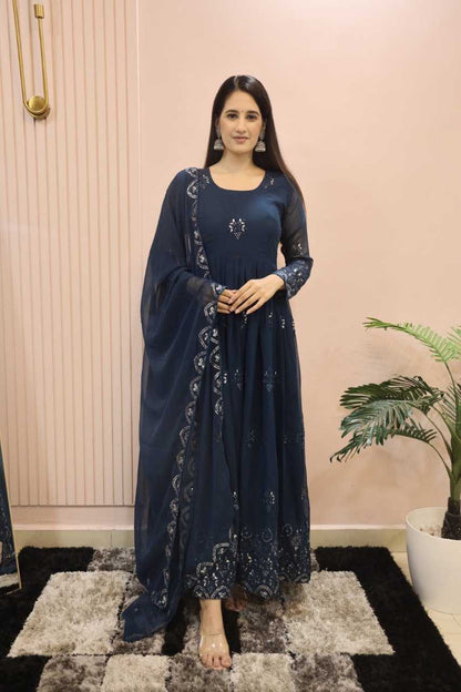 Faux Georgette Kesh164 G55 Gowns  Embroidered Anarkali Georgette Blue Gowns