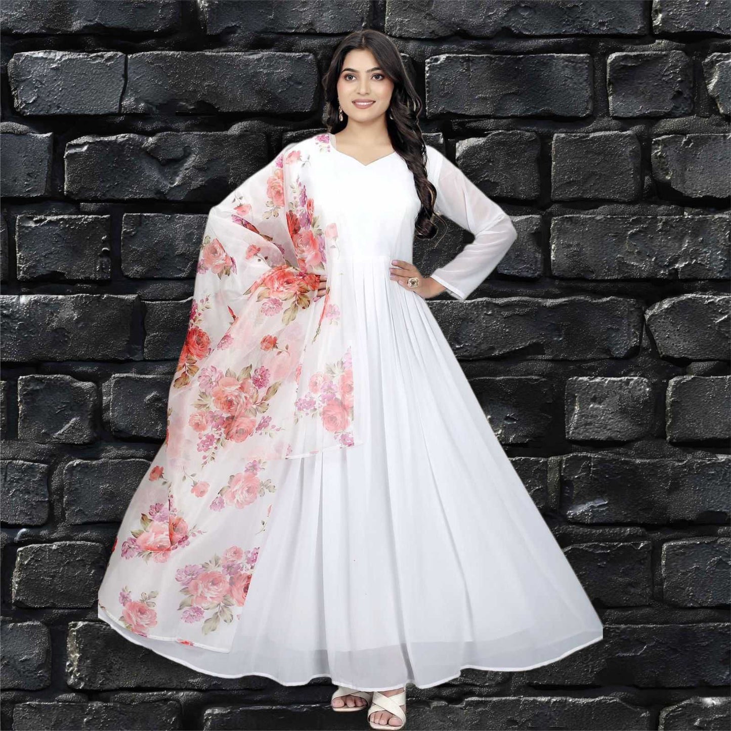 Faux Georgette Kesh175 White Rose Gowns  Anarkali Long Fancy Georgette Gowns