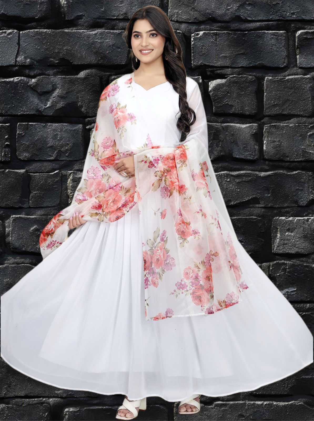 Faux Georgette Kesh175 White Rose Gowns  Anarkali Long Fancy Georgette Gowns