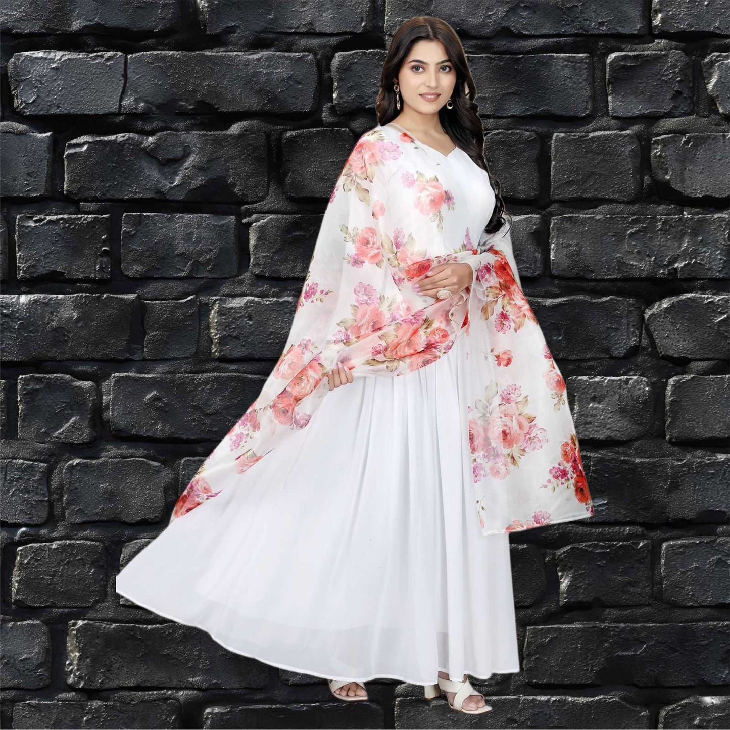 Faux Georgette Kesh175 White Rose Gowns  Anarkali Long Fancy Georgette Gowns