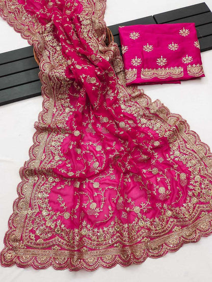 Faux Georgette Kesh188 9153 Sarees  Georgette Sequence Embroidered Cutwork Pink Wedding Sarees