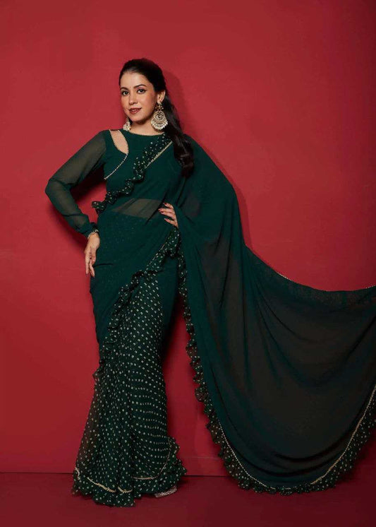 Faux Georgette Kesh188 9227 Sarees  Ready To Wear Georgette Pre Draped Ruffle Green Sarees