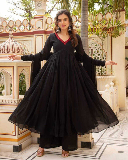 Faux Georgette Kesh211 Ldy76 Gowns  Embroidery Anarkali Long Georgette Gowns With Dupatta Black Gowns