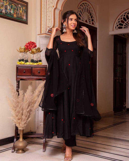 Faux Georgette Kesh211 Ldy76 Gowns  Embroidery Anarkali Long Georgette Gowns With Dupatta Black Gowns