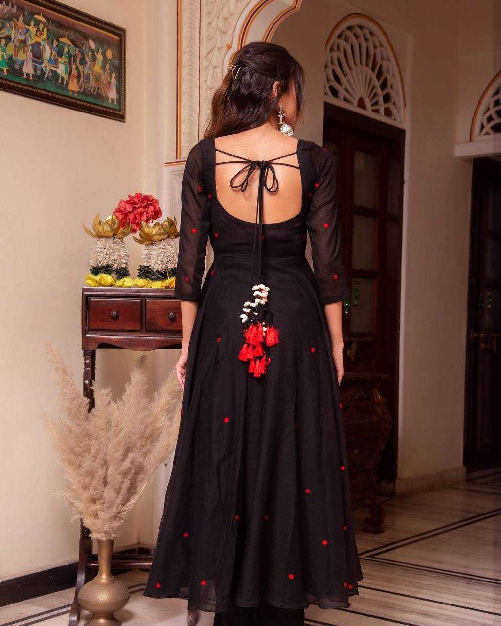 Faux Georgette Kesh211 Ldy76 Gowns  Embroidery Anarkali Long Georgette Gowns With Dupatta Black Gowns