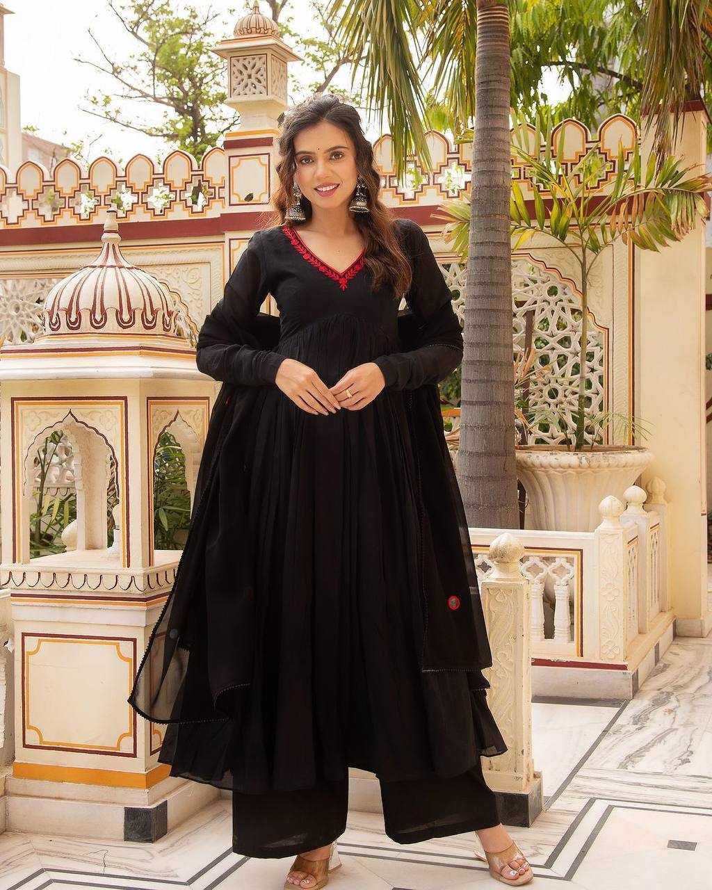 Faux Georgette Kesh211 Ldy76 Gowns  Embroidery Anarkali Long Georgette Gowns With Dupatta Black Gowns