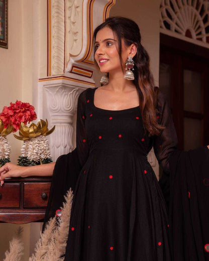 Faux Georgette Kesh211 Ldy76 Gowns  Embroidery Anarkali Long Georgette Gowns With Dupatta Black Gowns