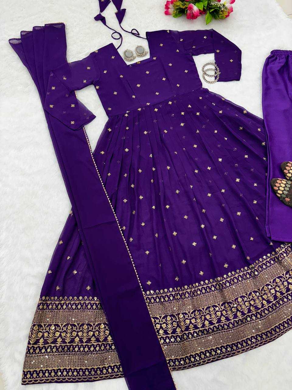 Faux Georgette Kesh224 184 Gowns  Embroidered Anarkali Long Georgette Gowns With Dupatta Purple Gowns