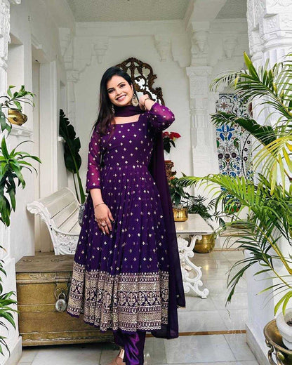 Faux Georgette Kesh224 184 Gowns  Embroidered Anarkali Long Georgette Gowns With Dupatta Purple Gowns