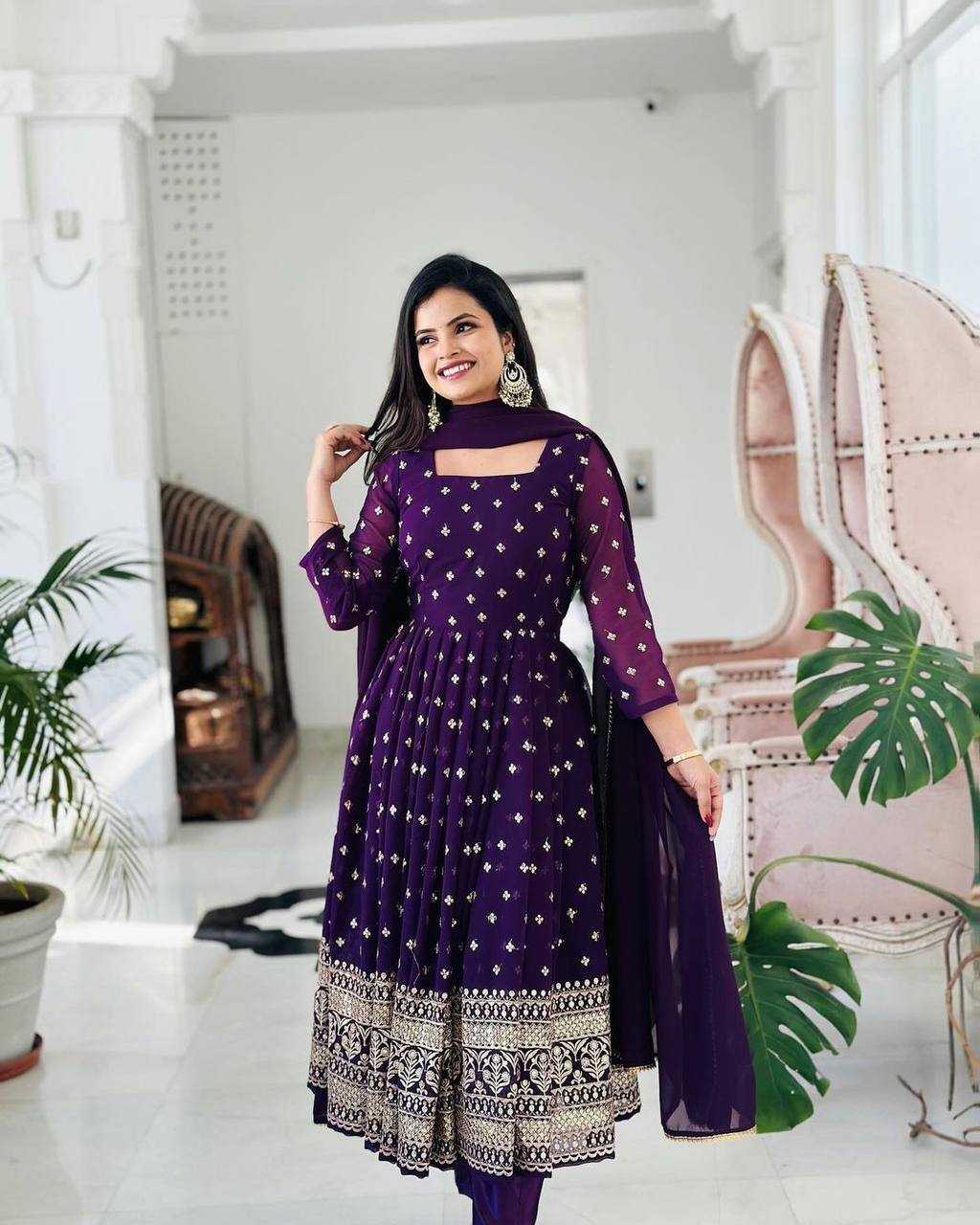 Faux Georgette Kesh224 184 Gowns  Embroidered Anarkali Long Georgette Gowns With Dupatta Purple Gowns