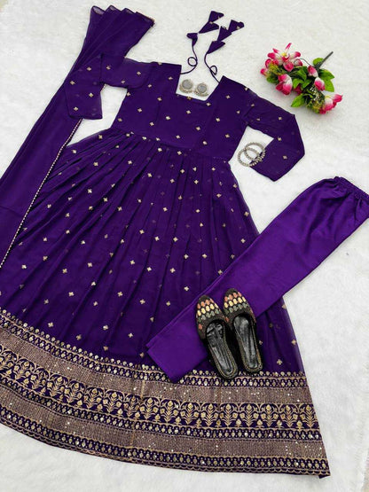 Faux Georgette Kesh224 184 Gowns  Embroidered Anarkali Long Georgette Gowns With Dupatta Purple Gowns