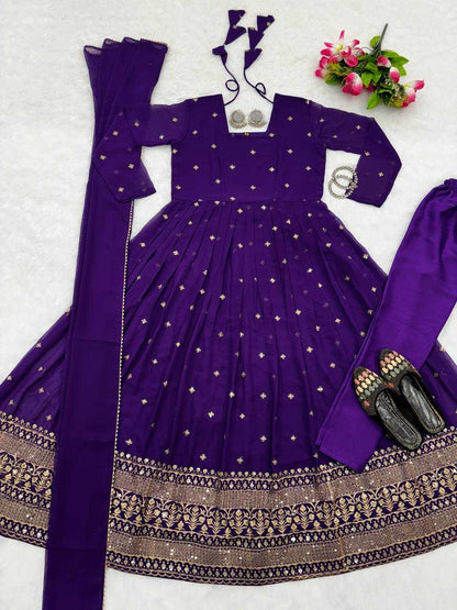 Faux Georgette Kesh224 184 Gowns  Embroidered Anarkali Long Georgette Gowns With Dupatta Purple Gowns