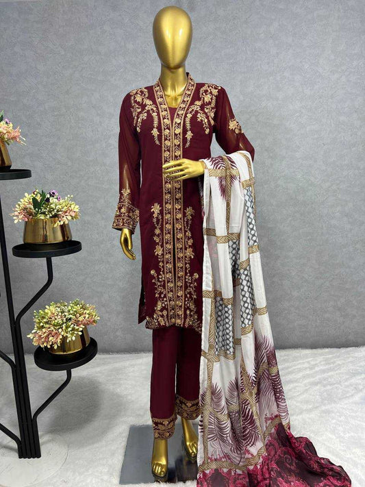 Faux Georgette Kesh227 1013 Suits & Dresses  Ladies Embroidery Georgette Party Wear Wedding Maroon Salwar Suits