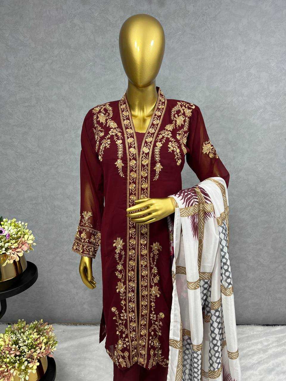 Faux Georgette Kesh227 1013 Suits & Dresses  Ladies Embroidery Georgette Party Wear Wedding Maroon Salwar Suits