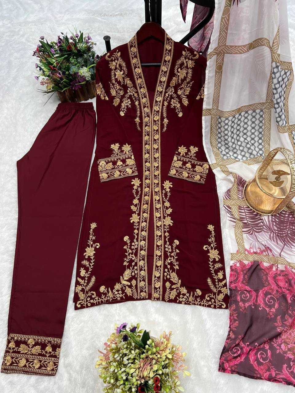 Faux Georgette Kesh227 1013 Suits & Dresses  Ladies Embroidery Georgette Party Wear Wedding Maroon Salwar Suits