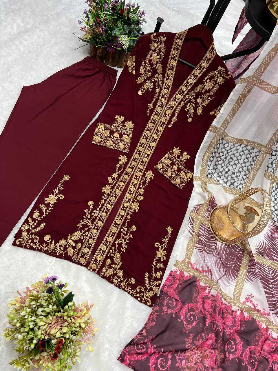 Faux Georgette Kesh227 1013 Suits & Dresses  Ladies Embroidery Georgette Party Wear Wedding Maroon Salwar Suits