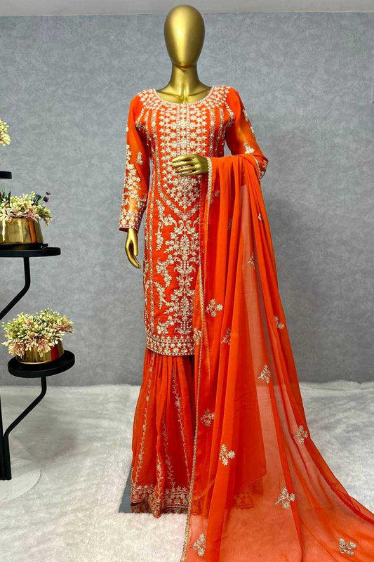 Faux Georgette Kesh227 1015 Suits & Dresses  Sharara Salwar Embroidery Georgette Party Wear Orange Salwar Suits